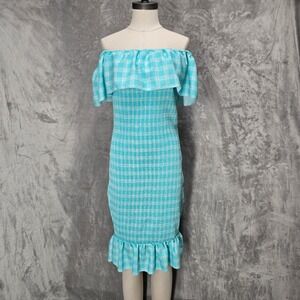 Hawaii Finest Women Teal Smocked Off Shoulder Ruffle Dress L Mermaid Hem Coastal